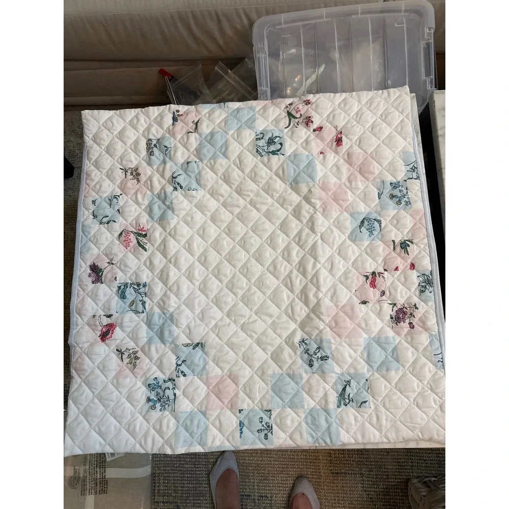 Pottery Barn Quilted Floral Patchwork Euro Pillow Sham Blue Pink Striped Reverse
